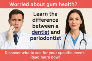 Photo of a dentist periodontist examining a patient's gums, using a probe to check for pocket depth. No text on image.
